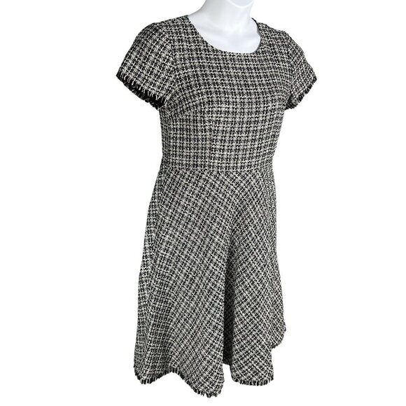 Talbots Womens 6 Tweed Black White Dress Raw Hem Houndstooth Old Money Office - Picture 1 of 16